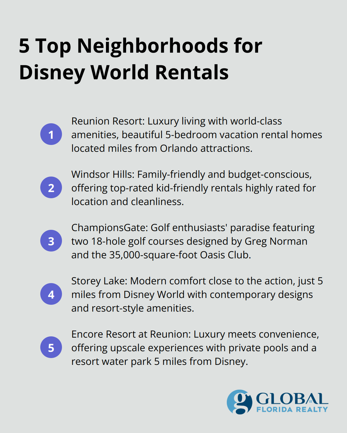 An ordered list chart showcasing the top 5 neighborhoods for Disney World house rentals: Reunion Resort, Windsor Hills, ChampionsGate, Storey Lake, and Encore Resort at Reunion. - house rentals in orlando florida near disney world