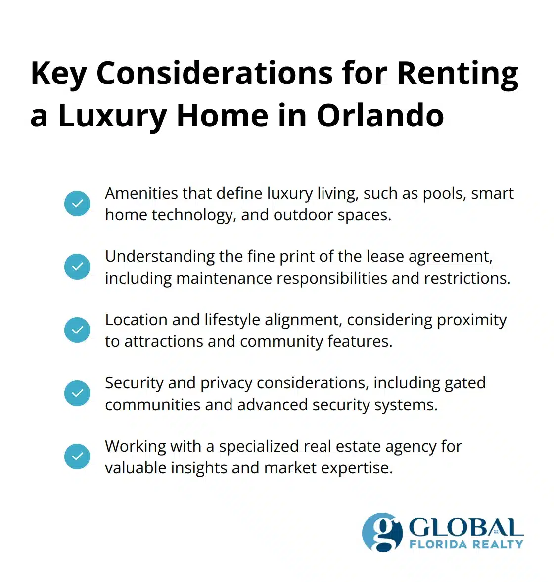 A checkmark list chart showing five key considerations for renting a luxury home in Orlando: Amenities, Lease agreement, Location, Security and privacy, and Specialized real estate agency.